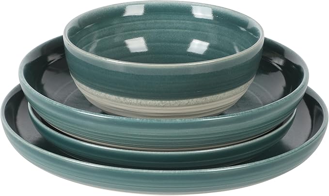 Gibson Elite Clarina 16 Piece Double Bowl Stoneware Reactive Glaze Round Plates and Bowls Dinnerware Set - Teal
