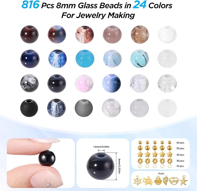 Funtopia 8mm Glass Beads, Neutral Colors Round Marble Loose Beads for Men Women, Jewelry Making Supplies with Spacer Bead and Charms, DIY Bracelets Earrings Necklaces Crafts (24 Colors)
