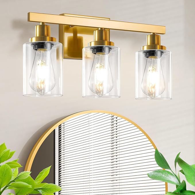 DIKAIDA 3 Light Gold Bathroom Light Fixtures, Bathroom Vanity Light Over Mirror
