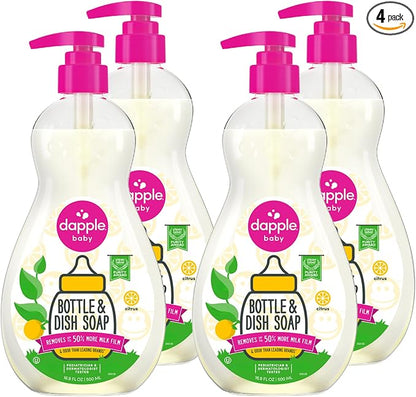 Dapple Baby Fresh Citrus Bottle & Dish Soap - (4 Pack) 16.9 fl oz - Cleans Baby Bottles, Sippy Cups, Pacifiers, Breast Pumps, & More - Gently Removes Milk Film & Odors - Includes 1 Pump