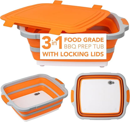 EJKJ Collapsible Cutting Board & Grill Caddy with Lid – Multifunctional Silicone Dish Tub & Food Prep Station for BBQ, Camping, Tailgates, Picnics & Veggie Washing