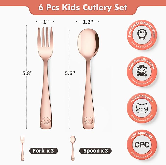 DRKIO Stainless Steel Toddler Utensils Set - 6 Pieces Kids Silverware Set Children Safe Food Grade Small Forks and Spoons Dishwasher Safe Mirror Polished