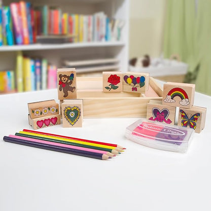 Melissa & Doug Wooden Stamp Set: Friendship - 9 Stamps, 5 Colored Pencils, and 2-Color Stamp Pad - FSC Certified