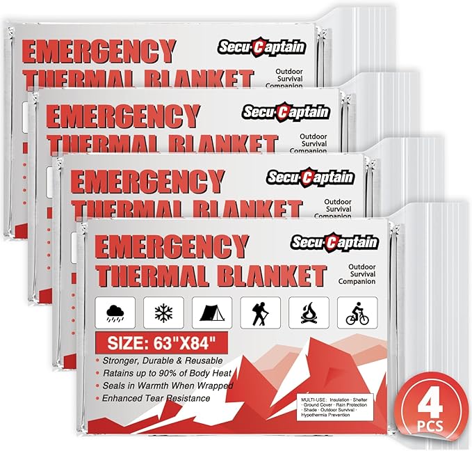 SecuCaptain Survival Emergency Thermal Blankets: Extra Large 84??x63??Space Mylar Blanket Kit for Outdoor Cold Winter Camping Hiking Car Bug Out Bag or First Aid - 4 Pack