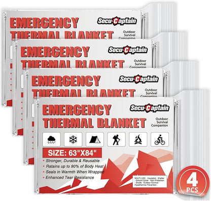 SecuCaptain Survival Emergency Thermal Blankets: Extra Large 84??x63??Space Mylar Blanket Kit for Outdoor Cold Winter Camping Hiking Car Bug Out Bag or First Aid - 4 Pack
