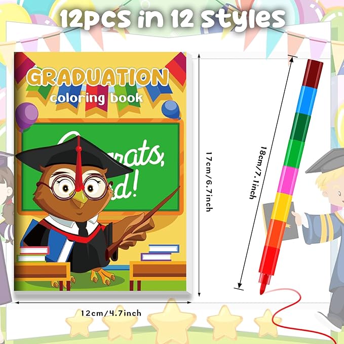 BenLouis 12 Kindergarten Graduation Mini Coloring Books Kids with 12 Stacking Crayons Preschool Classroom Party Favors Small Activity Books Bulk for Kids Student Grad Party Gift Goodie Bag Stuffers