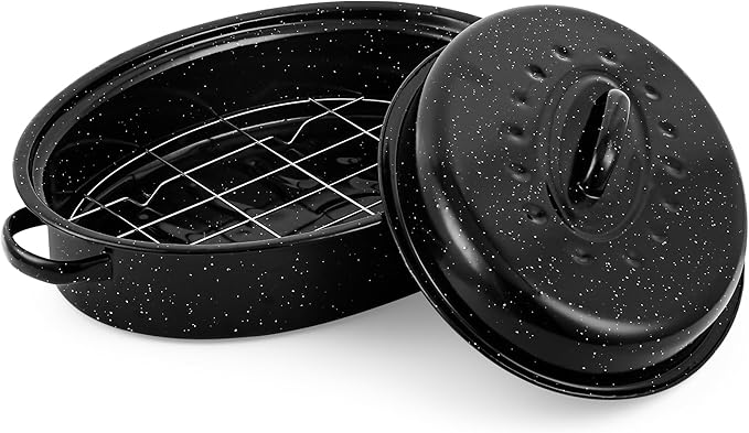 15” Roaster Pan with Lid and Rack, Small Enamel Roaster Pan with Oval Roasting