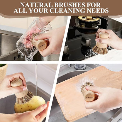 Bamboo Dish Brush Set, 4 Pack Kitchen Palm Pot Brush