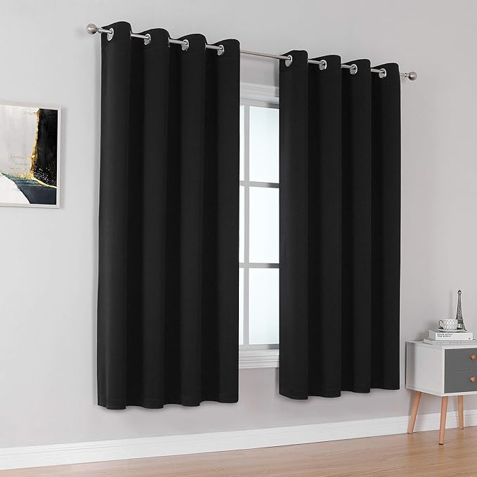 DUALIFE Black Curtains 54 Inch Length, Solid Energy Efficient Thermal Insulated