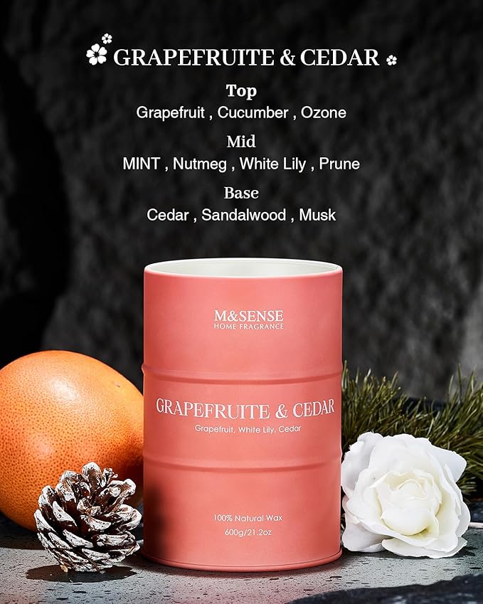 M&SENSE Grapefruit Cedar Scented Candles Large, Natural Soy Candles 21.2oz 120 Hour Slow Burning, Highly Scented Citrus Candles for Bathroom, Fresh Smelling Ordor Elimator Candle for Home