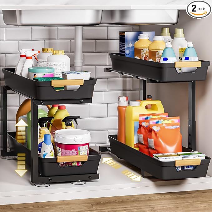 Homde 2-Tier Under Sink Organizer: 2pcs Set Adjustable Pull Out Drawer