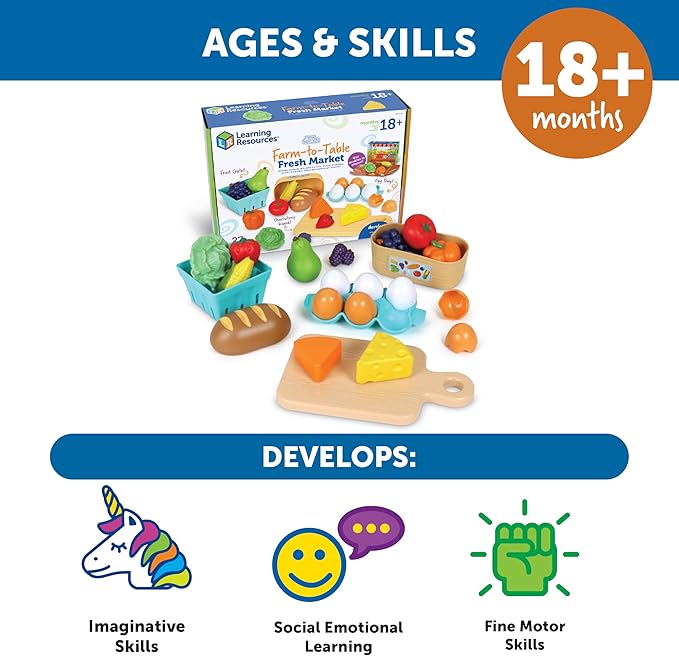 Learning Resources New Sprouts Farm-to-Table Fresh Market - Play Food for Kids Kitchens, Grocery Store, Gifts for Boys and Girls, Ages 18 Months+,27 Pieces