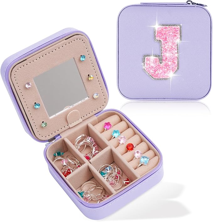 Travel Jewelry Case - Personalized Jewelry Box for Women,Small Jewelry Organizer Cute Jewelry Organizers and Storage Aesthetic,Travel Essentials Birthday Gifts for Girls Women | Lavender,J