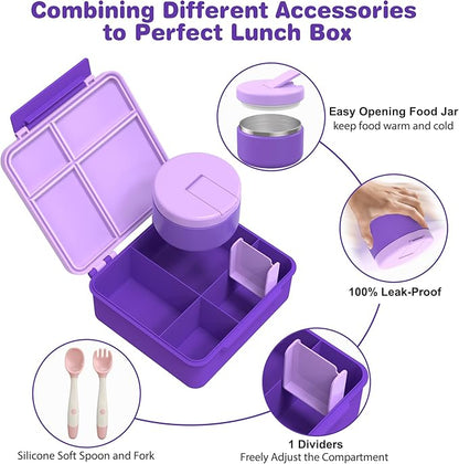 Bento Lunch Box with 8oz Soup Thermo, Kids Leakproof Lunch Food Containers with 4 Compartment, Kids Thermo Insulated Hot Food Jar for School, Trvael (Purple)