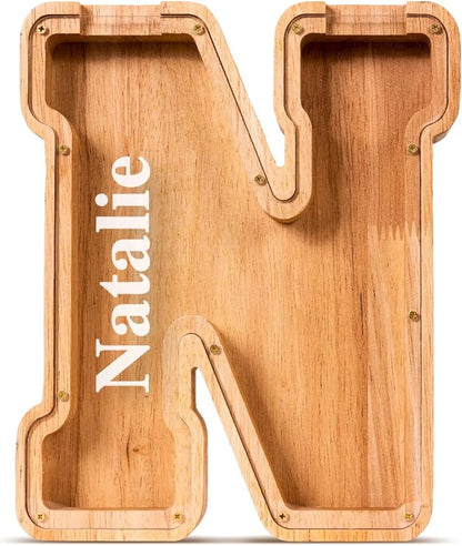 Summidate Customized Name Large Wooden Piggy Bank for Kids Boys Girls Alphabets Letter A-Z Coins Bills Money Change Bank Box Initial on Clear Cover (Laser Engraved) (Alphabet-N, Personalized-9")