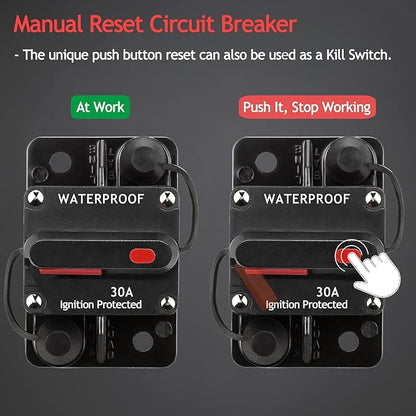 3 Pack 30 Amp Auto Car Stereo Audio Circuit Breaker Fuse 12-48VDC Manual Reset Button Switch Fuses, with Wire Lugs Copper Washer