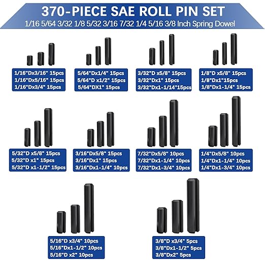 370 Pcs Roll pin Assortment, SAE Roll Pin Set, Slotted Spring Pins, Steel Split