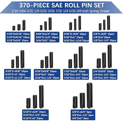 370 Pcs Roll pin Assortment, SAE Roll Pin Set, Slotted Spring Pins, Steel Split