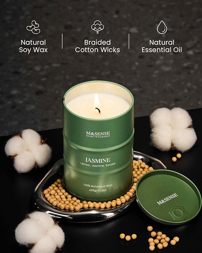 M&SENSE Jasmine Scented Candles Large, Natural Soy Candles 21.2oz 120 Hour Slow Burning,Aromatherapy Candle for Stress Relief Meditation Relaxing