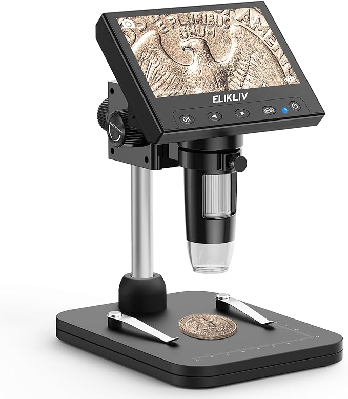 Elikliv Coin Microscope, 4.3'' LCD Digital Microscope 1000x, Coin Magnifier with 8 Adjustable LED Lights, PC View Compatible with Windows/Mac, EDM4B, Black