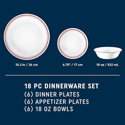 Corelle Vitrelle 18-Piece Service for 6 Dinnerware Set, Triple Layer Glass and Chip Resistant, Lightweight Round Plates and Bowls Set, Logan