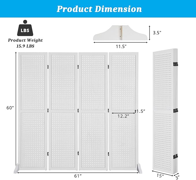 Bonnlo 4 Panel Pegboard Freestanding, 5 FT Portable Display Board Organizer