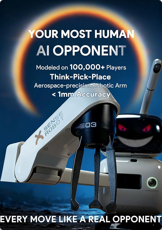 AI Chess Robot with Robotic Arm Electronic Computer Chess Board– 25 AI Levels, 1200+ Exercises, Endgame Trainer, Classic Game Replay, Voice Coaching, Lichess Integration