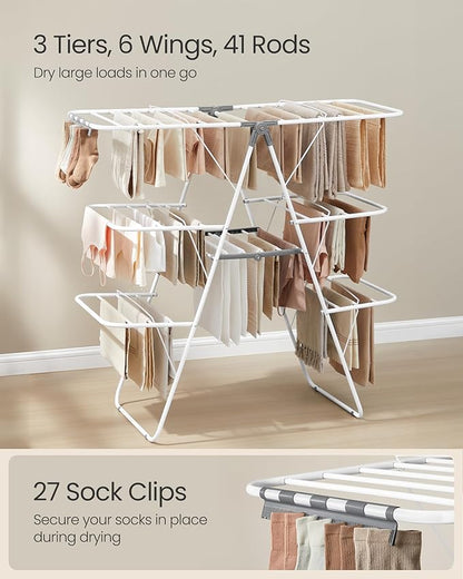 SONGMICS Clothes Drying Rack, Foldable 3-Level Laundry Rack, Free-Standing
