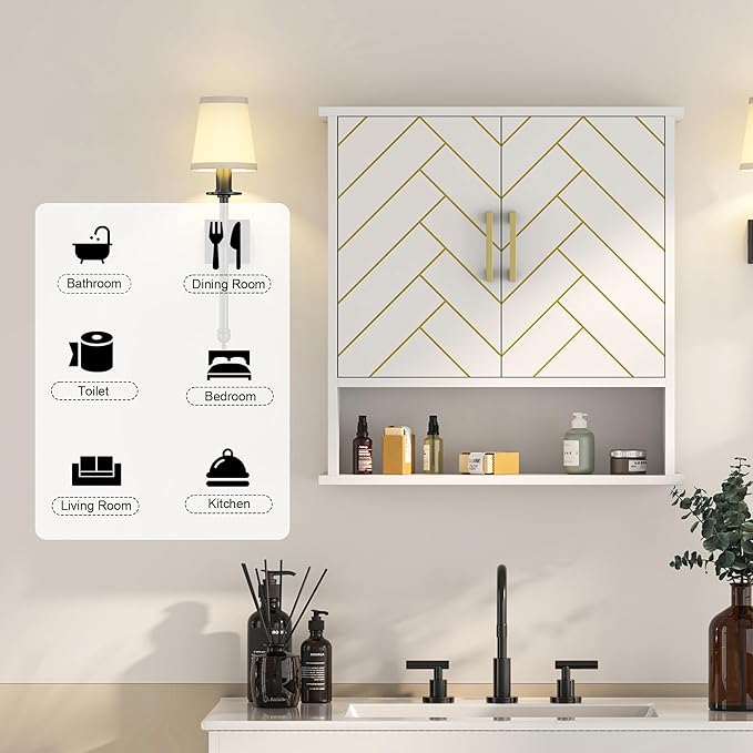 White Chevron Pattern Bathroom Wall Mount Cabinet, Stylish Hanging Medicine