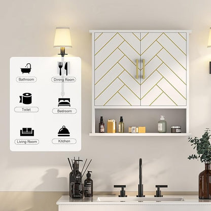 White Chevron Pattern Bathroom Wall Mount Cabinet, Stylish Hanging Medicine
