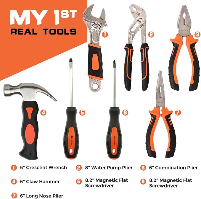 INCLY 95 PCS Real Tool Set, Small Real Hand Tools Kit, Construction Learning Tools Hammer Screwdriver for Home DIY Building and Woodworking,Come with Tool Belt & Bag