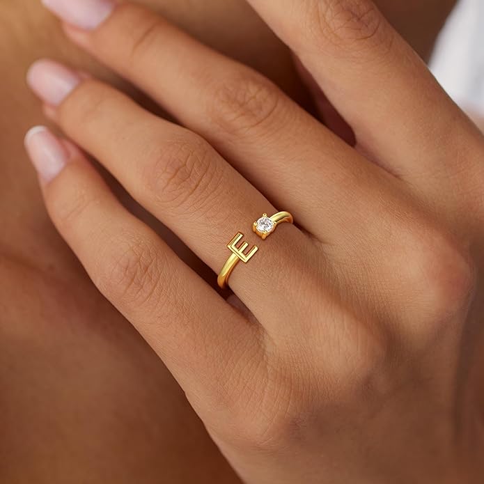 Gold Initial Rings for Women Girls, 14K Gold Plated Adjustable Initial Rings Teen Girl Gifts Trendy Stuff Letter Ring Birthday Gifts for Teenage Girls Non Tarnish