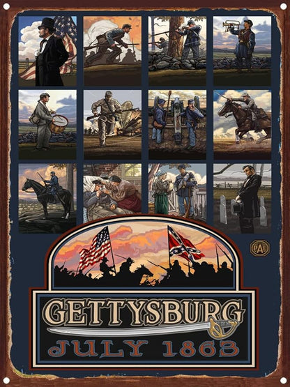 Gettysburg Civil War Collage Rustic Metal Art Print from Travel Artwork by Artist Paul A. Lanquist 8.5" x 11.5"