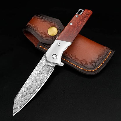 KOMWERO Damascus Pocket Knife with Clip Leather Sheath, 3.14 inch Sharp Damascus Steel Knife with Rosewood Handle, EDC Damascus Folding Knife for Men Women Camping Collection