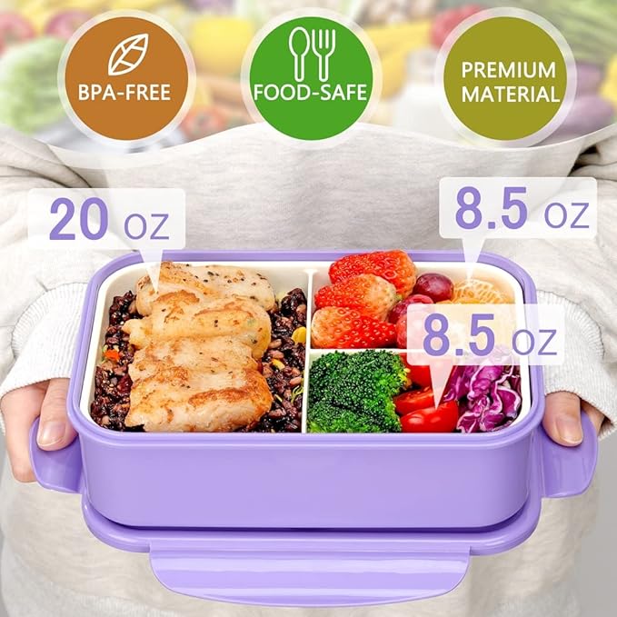 LOVINA Bento Boxes for Adults - 1100 ML Bento Lunch Box Container For Kids With Spoon & Fork - Durable Perfect Size for On-the-Go Meal, BPA-Free and Food-Safe Materials(Purple)