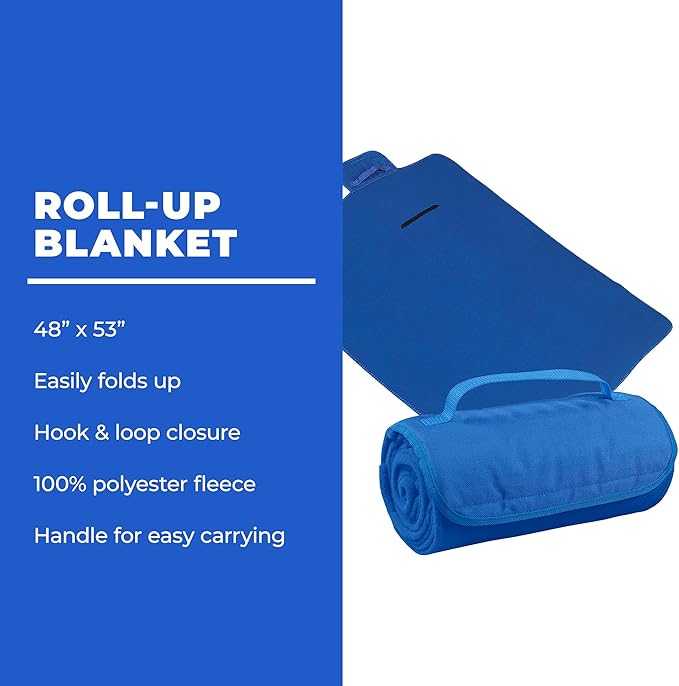25 Ct of Roll-Up Blankets for Camping, Travel, Outdoors, Beach, Picnics – Royal Blue – Hook + Loop Closure for Easy Use in Cars & on Airplanes – Customizable for Promotions & Events