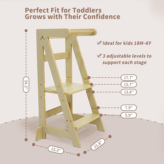 Damoch Family® Adjustable Wooden Learning Helper and Kitchen Tower for Kids - Montessori-Inspired Toddler Tower and Stool for Safe Participation in Kitchen Activities