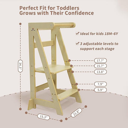 Damoch Family® Adjustable Wooden Learning Helper and Kitchen Tower for Kids - Montessori-Inspired Toddler Tower and Stool for Safe Participation in Kitchen Activities