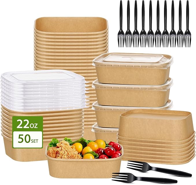 DI QIU REN 50-Pack 22oz Paper Bowls, Disposable Food Containers with Lids and Forks, Rectangular Disposable Salad Bowls for Diet Salad, Pasta (kraft Paper Rectangular, 22oz 50 Count)