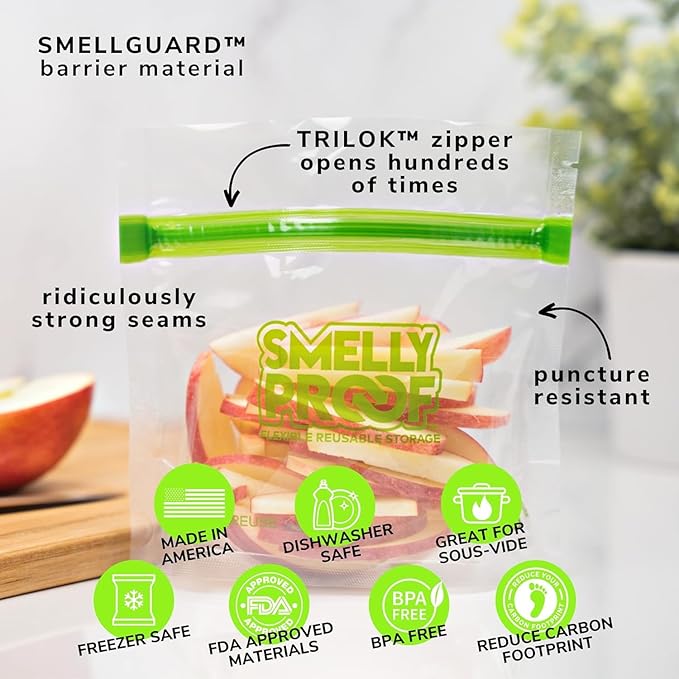 Smelly Proof 50pk Stand-Up Reusable Food Storage Bags - US Made, BPA FREE, NO PEVA, Clear 3 mils STAND & FILL 6"x4" 50 pcs