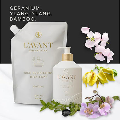 L'AVANT Dish Soap Refill, Plant-Based Grease-Cutting, Fresh Linen, 32 Fl Oz | Plant-based grease cutting, Fresh Linen fragrance, gentle on hands, non-toxic formula, refill pouch, cruelty-free, 32 fl oz
