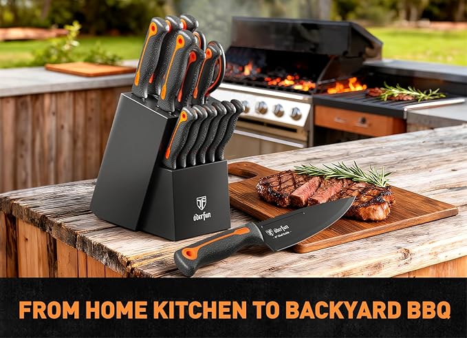 Knife Block Set -15 PCS Dishwasher Safe Kitchen Knife Set, High Carbon