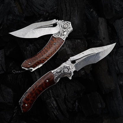 Japanese VG 10 Damascus Steel Folding Knife, Outdoor Wilderness Survival Pocket Knife, Snake Wood Handle Lined Lock, Leather Sheath, EDC Pocket Knife