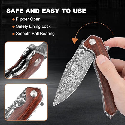 AUBEY Damascus Pocket Knife with Clip, Damascus Steel Blade Folding Knives with Ball Bearing, EDC Knife for Outdoor Camping Collection (Wooden Handle)