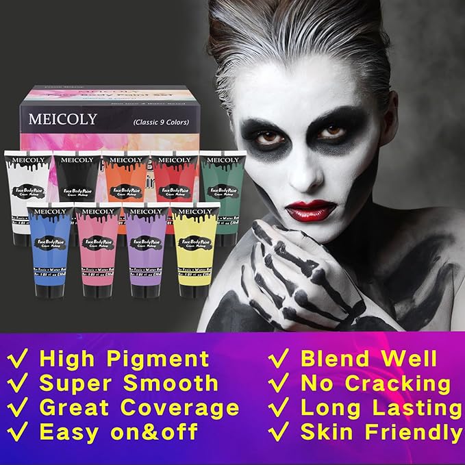 MEICOLY 9 Colors Face Body Paint Set,1.01x9oz/Box,Water Based Washable Face Paint for Adult Kid,Elphaba Green Face Paint,Safe Body Paint for Skin,Red White Blue Face Painting Kit for Halloween Makeup