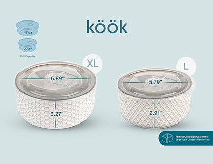 KooK Serving Bowls, with Lids, Ceramic Nesting Bowls, Microwave and Dishwasher