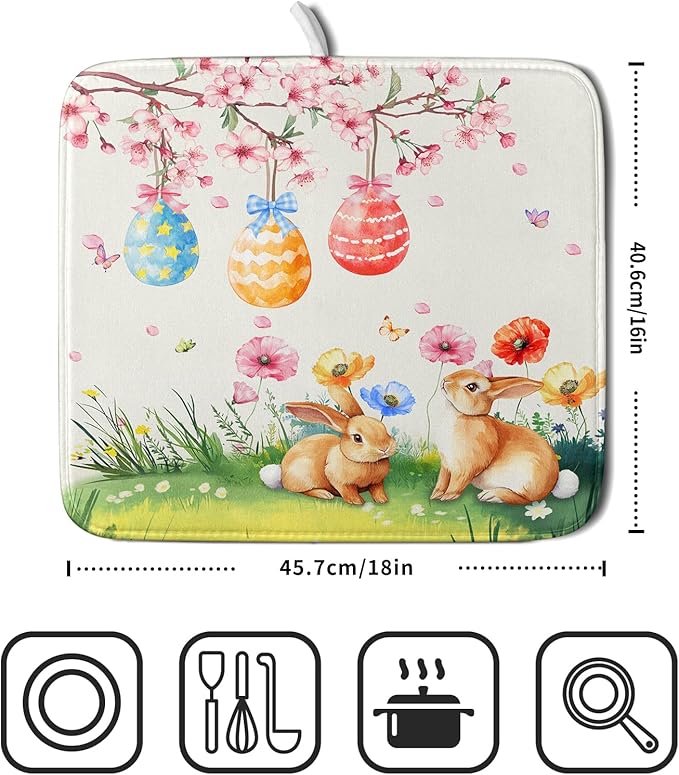 Giwawa Easter Bunny Dish Drying Mat, Spring Rabbits Eggs Hunt Dish Drainer Mats
