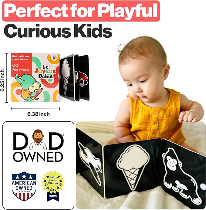 Happy Start Award-Winning High Contrast Board Book - Newborn Black & White Baby Cards, Easy to Clean, Hospital Approved, Stands on Its Own, Tummy Time Toy, Ages 0+ (French)