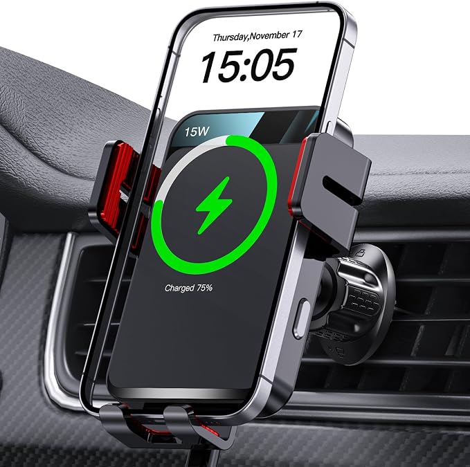 Wireless Car Charger, MOKPR Auto-Clamping Car Mount 15W/10W/7.5W Fast Charging Air Vent Car Phone Mount Compatible with iPhone 15/14/13/13 Pro/12 Pro Max/12/11/10/8 Series, Samsung Galaxy Series Red