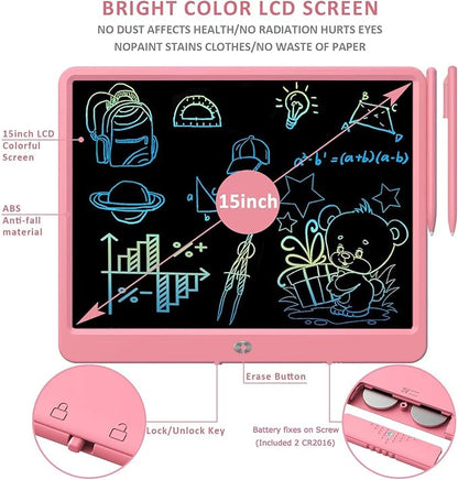 FLUESTON LCD Writing Tablet, Doodle Board Toys Gifts for 3-8 Year Old Girls Boys, 15 Inch Colorful Electronic Board Drawing Pad for Kids, Gifts for Toddler Educational Learning Travel Birthday, Pink